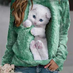 Cut Cat Print Sweatshirt - Green